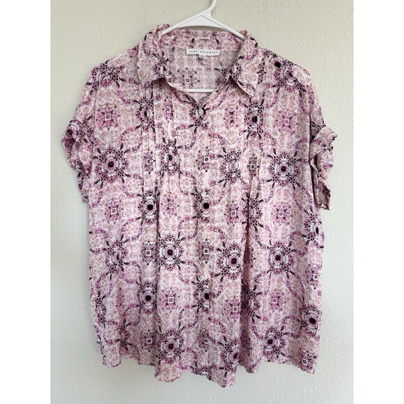 Jane and Delancey Paisley Sz Small Pink Floral Button Front Short Sleeve V Neck - Picture 1 of 6
